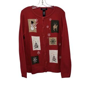 Crystal-Kobe Women's Red Holiday Festive Snowman Button Cardigan Sweater Size L